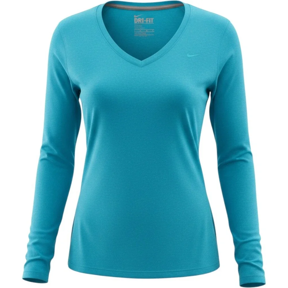 Nike Dri-FIT Womens V-Neck Long Sleeve Training Shirt Turquoise Heather XS